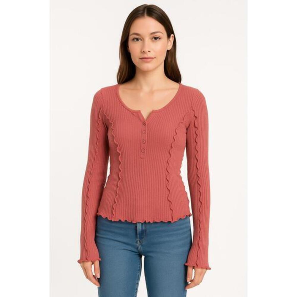 Love Tree Sweater Womens Size Medium Pink Henley Ribbed RuffledEdgesFeminineChic
